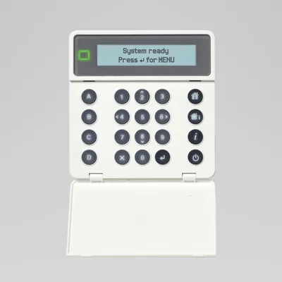 Πληκτρολόγιο CADDX NXG-1830 με οθόνη κειμένου και ανοιχτό πορτάκι.